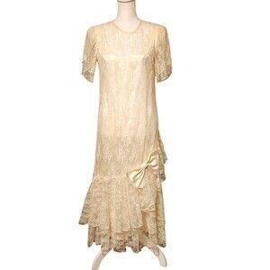 Vintage Gilberti Floral Lace Dress Ivory Satin Underdress Womens Size 10